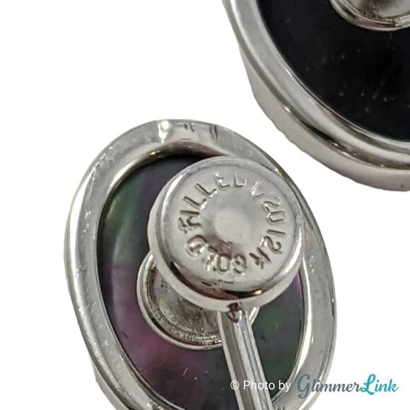 Vintage 12K White Gold Filled Oval Black MOP Abalone Shell Cabochon Screw Back E - Picture 8 of 9